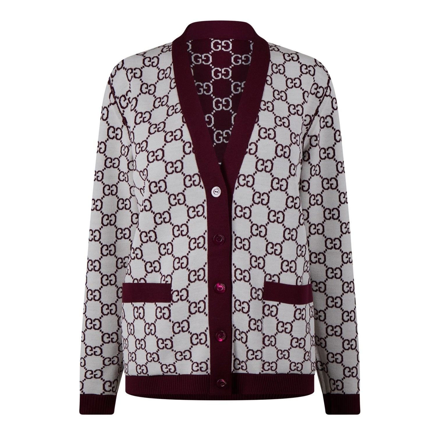 LUXURY HUB GUCCI WOMEN'S LOGO REVERSIBLE GG WOOL JACQUARD CARDIGAN