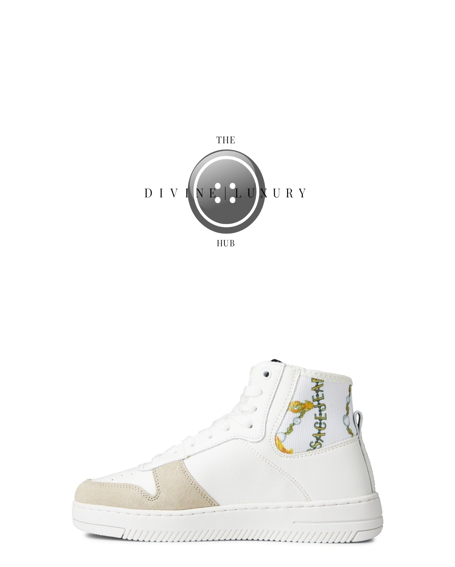 LUXURY HUB VERSACE JEANS COUTURE MEYSSA HIGH TOP BAROQUE LOGO COURT TRAINERS