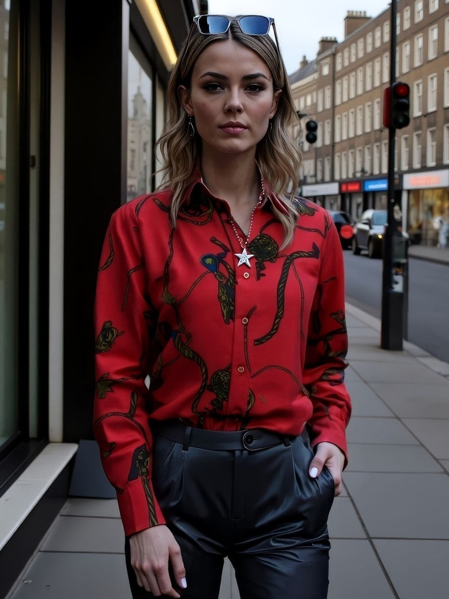 LUXURY HUB LAUREN BY RALPH LAUREN CLASSIC FIT PRINT CHARMEUSE SHIRT
