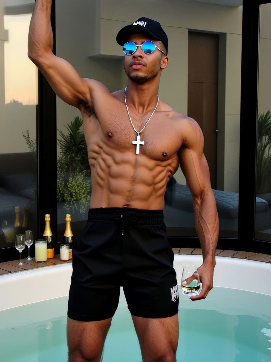 LUXURY HUB AMIRI MID-LENGTH SWIM TRUNKS WITH BRANDED PLATE
