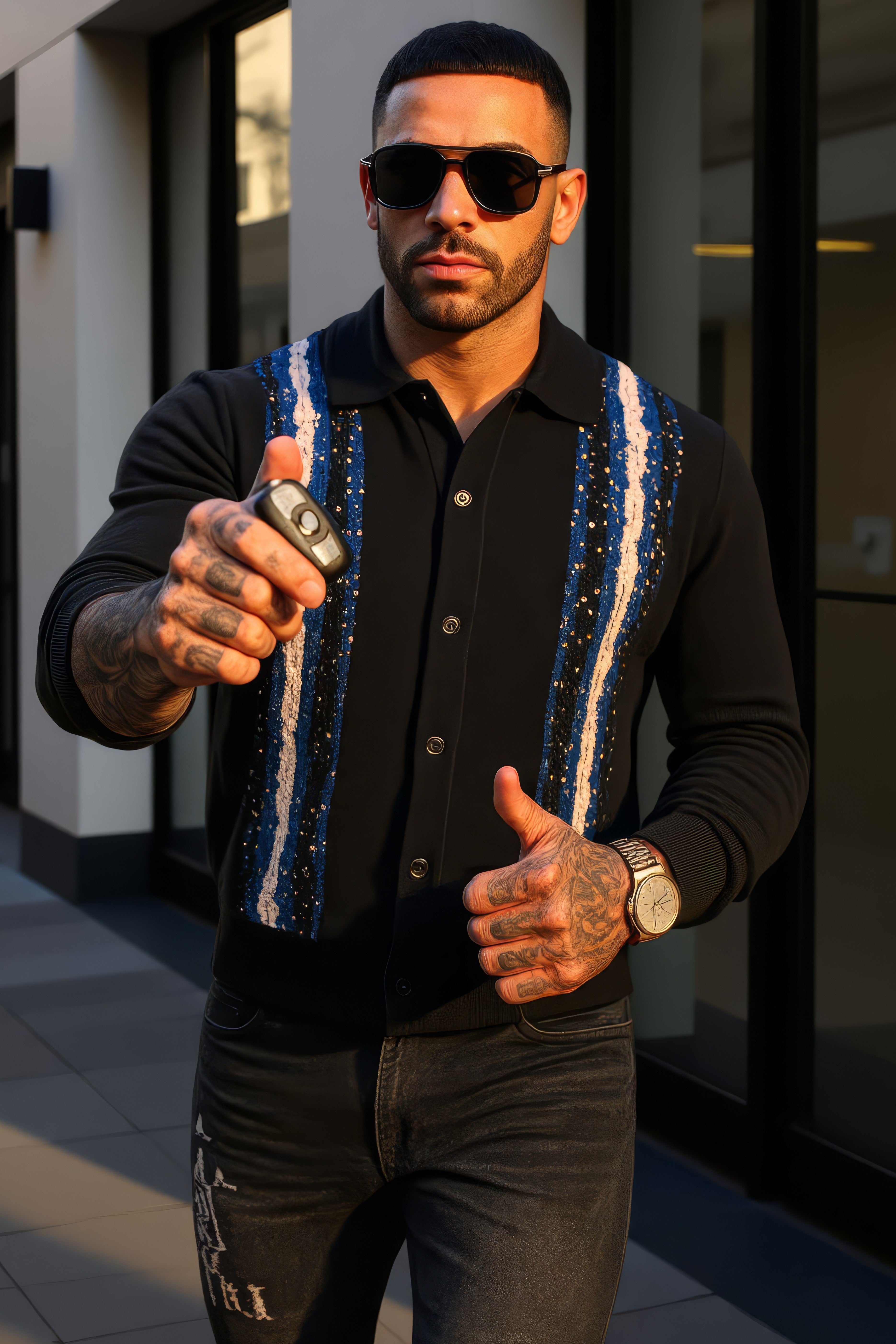 LUXURY HUB AMIRI CRYSTAL LONG SLEEVE POLO SHIRT