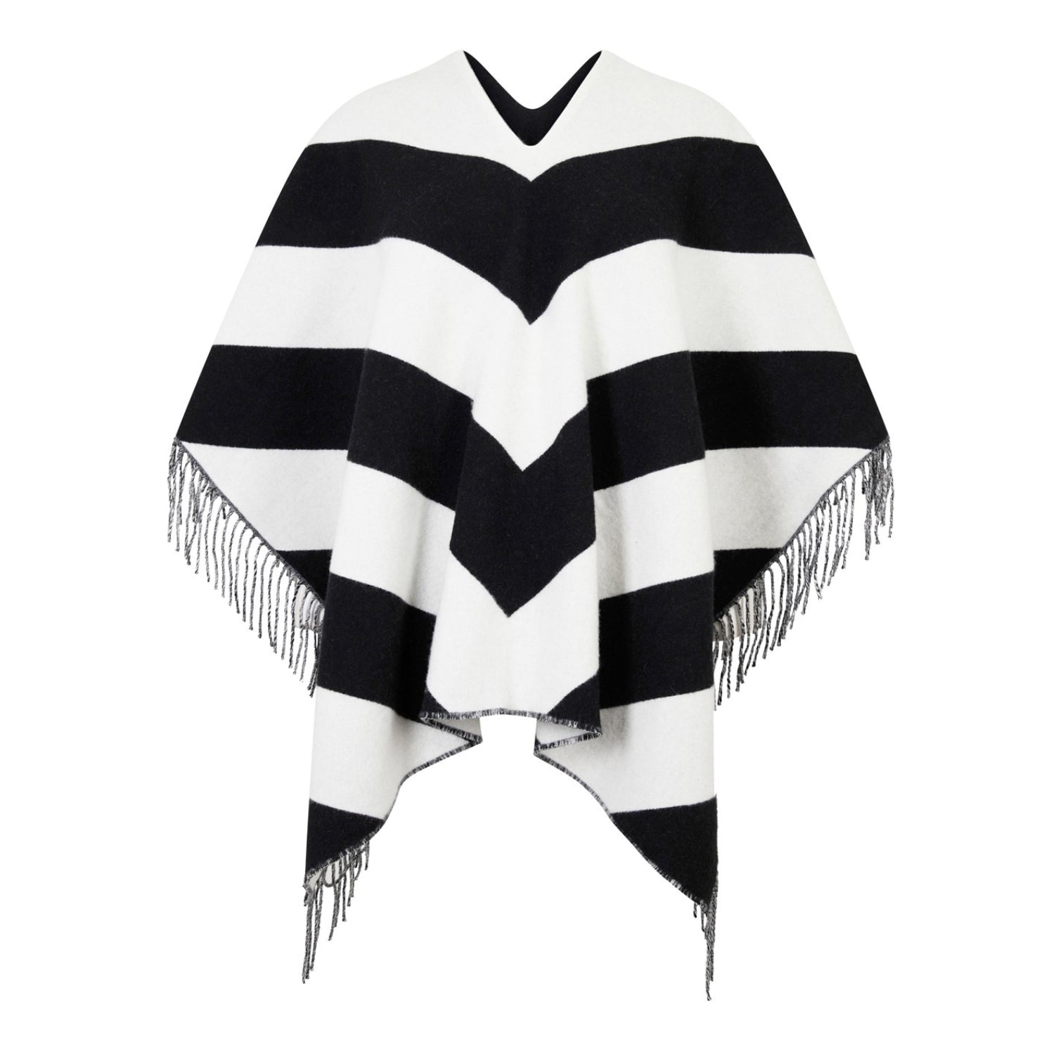 LUXURY HUB VALENTINO FRINGED STRIPED CASHMERE PONCHO