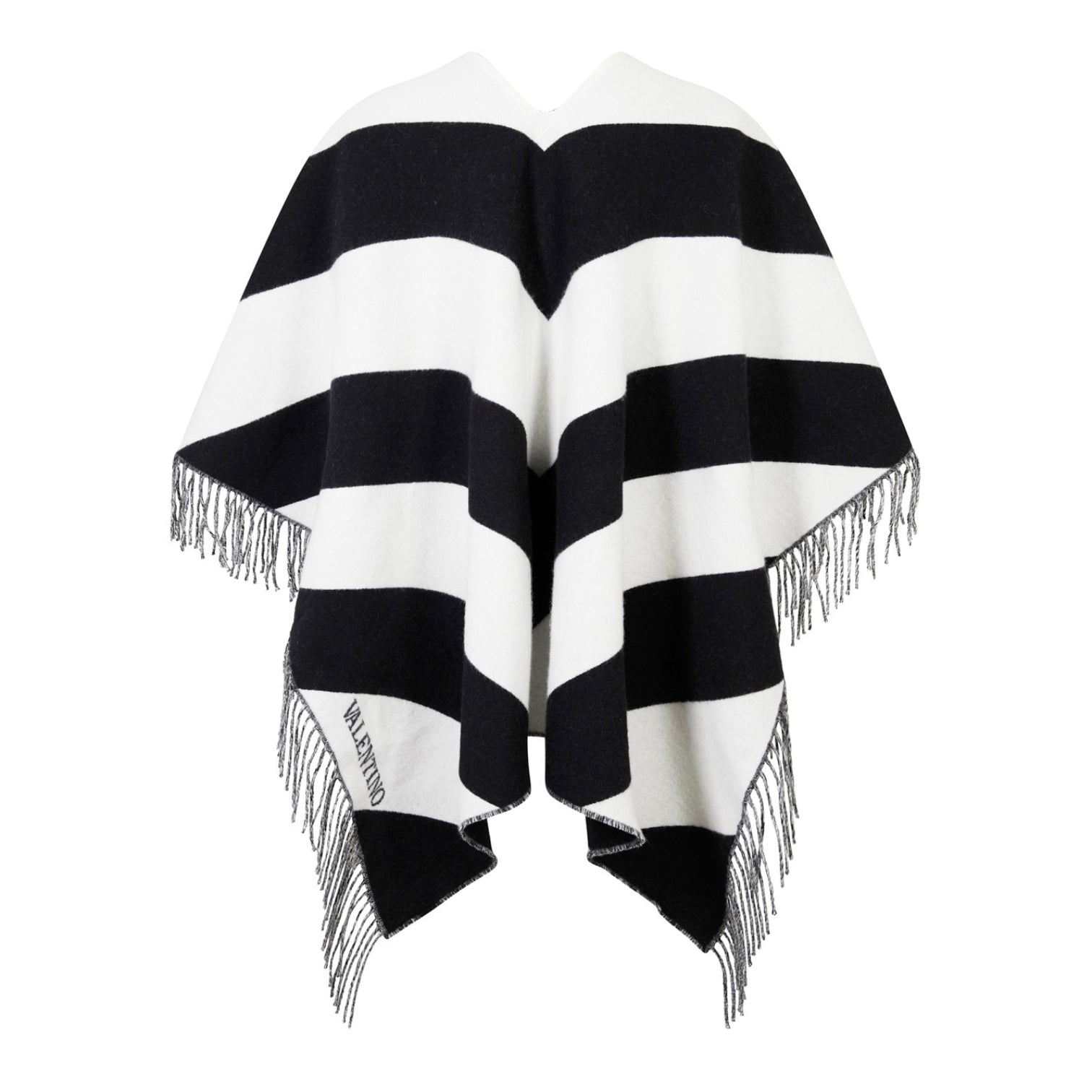 LUXURY HUB VALENTINO FRINGED STRIPED CASHMERE PONCHO