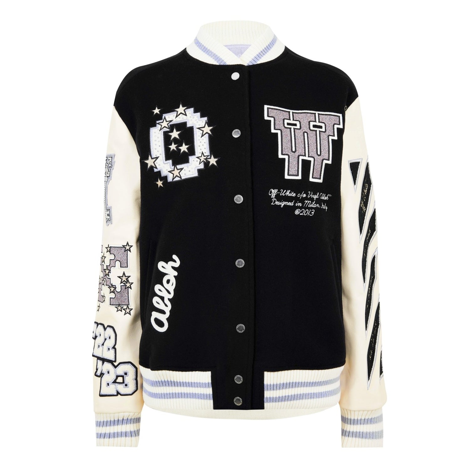 LUXURY HUB OFF WHITE EMBROIDERED PATCHES VARSITY JACKET