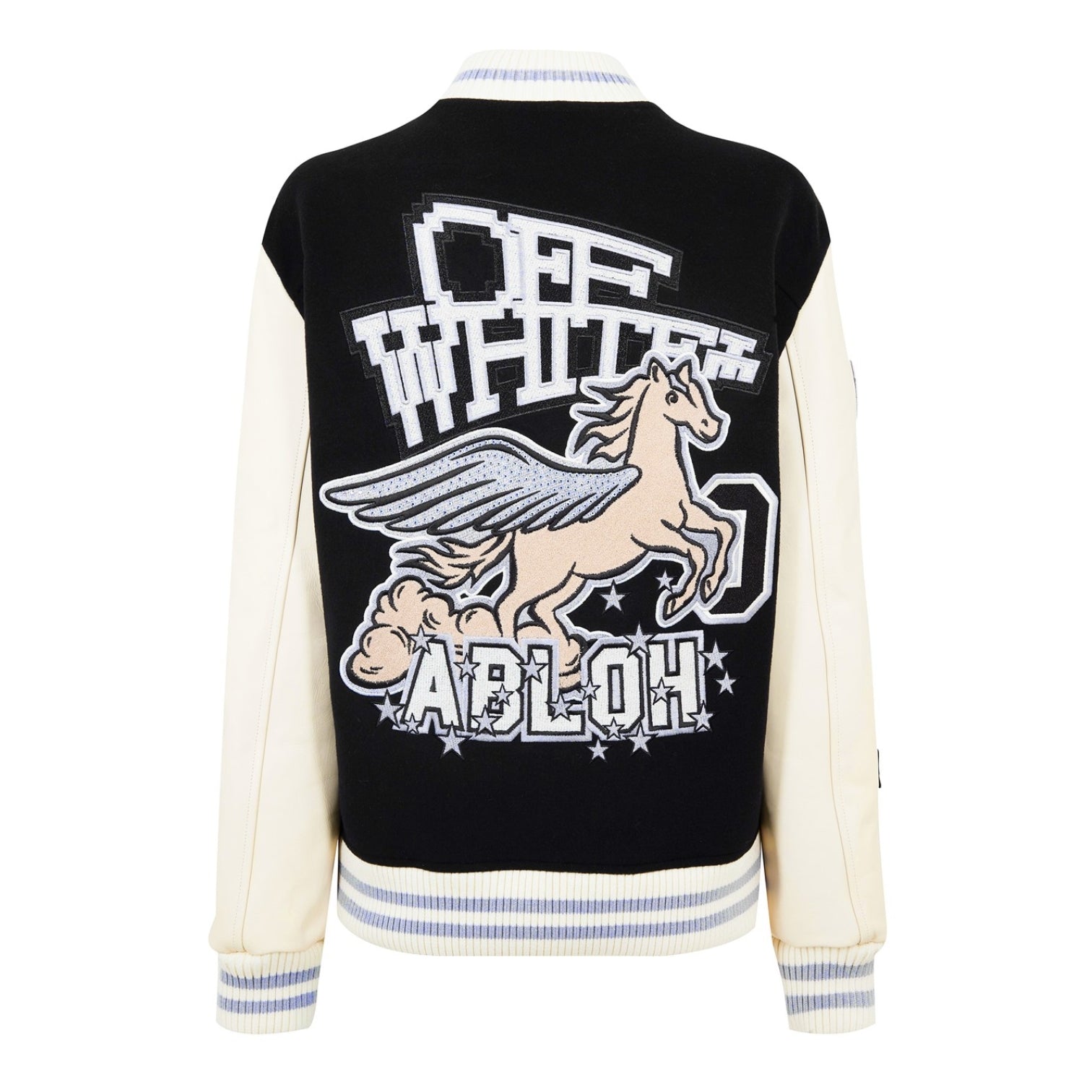 LUXURY HUB OFF WHITE EMBROIDERED PATCHES VARSITY JACKET