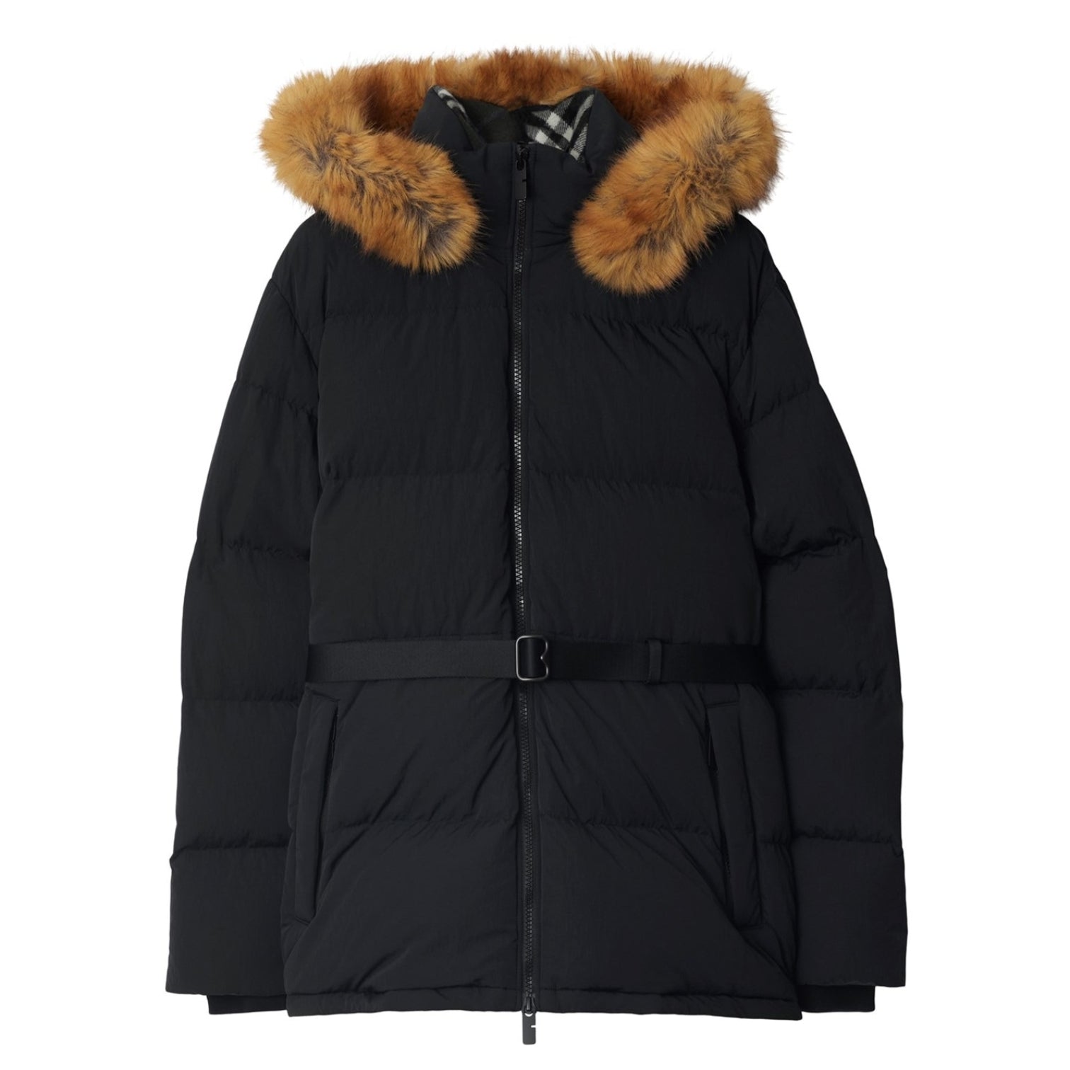 LUXURY HUB BURBERRY WOMEN'S HOODED FAUX FUR LONG SLEEVE SHORT PUFFER JACKET