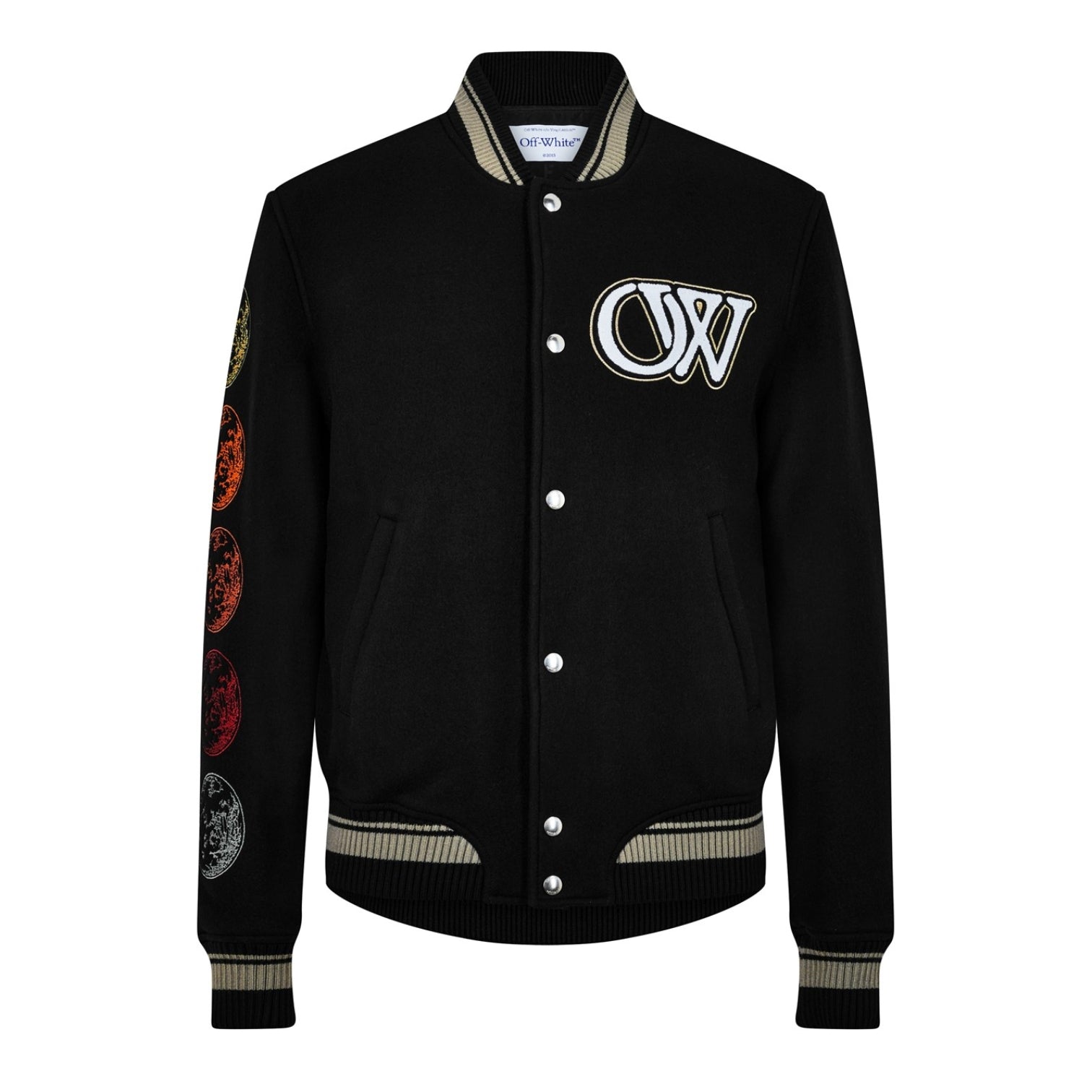 LUXURY HUB  OFF WHITE OFF MOON VARSITY JACKET