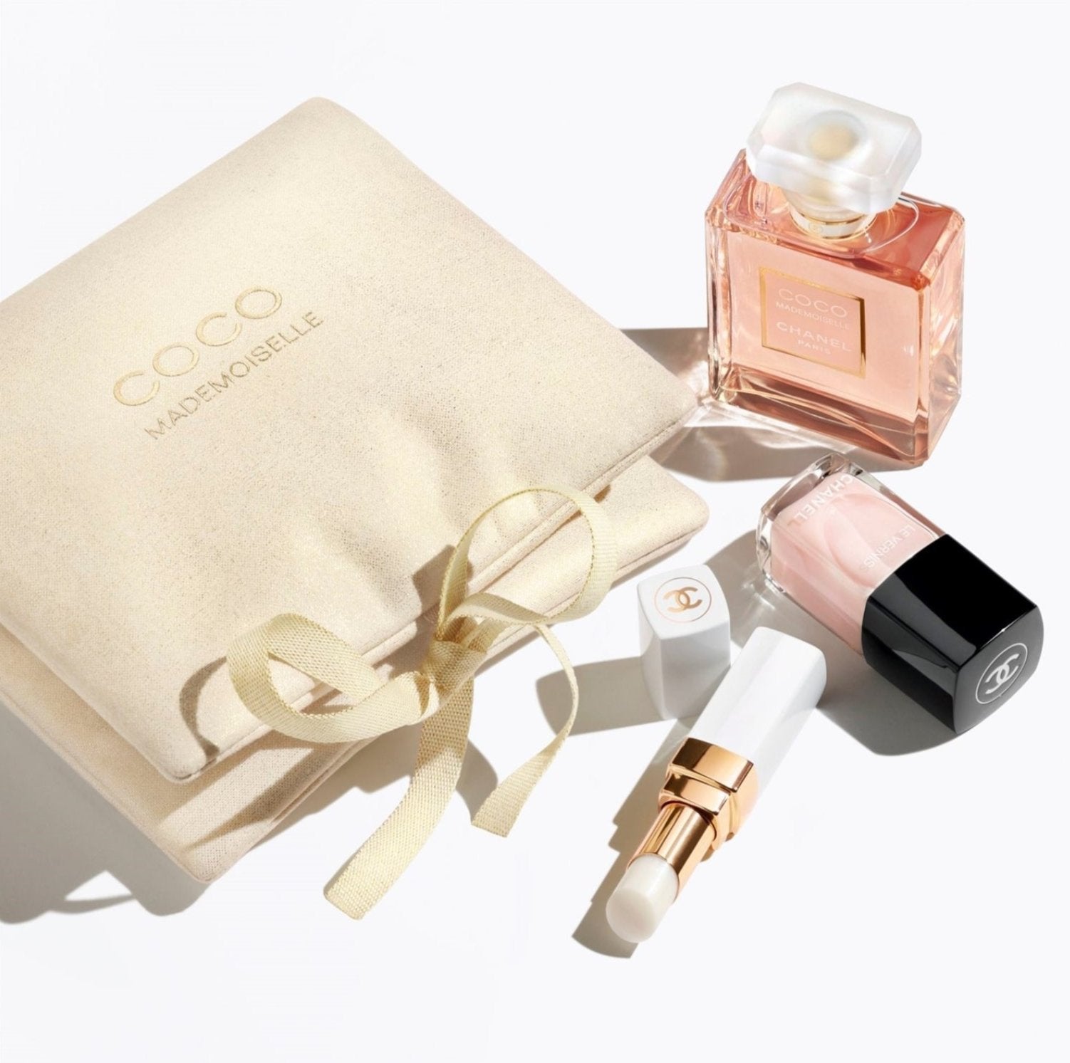 LUXURY HUB CHANEL COCO MADEMOISELLE SECRET LOOK POUCH  EDP 50ML, ROUGE COCO BAUME DREAMY WHITE, LE VERNIS BALLERINA