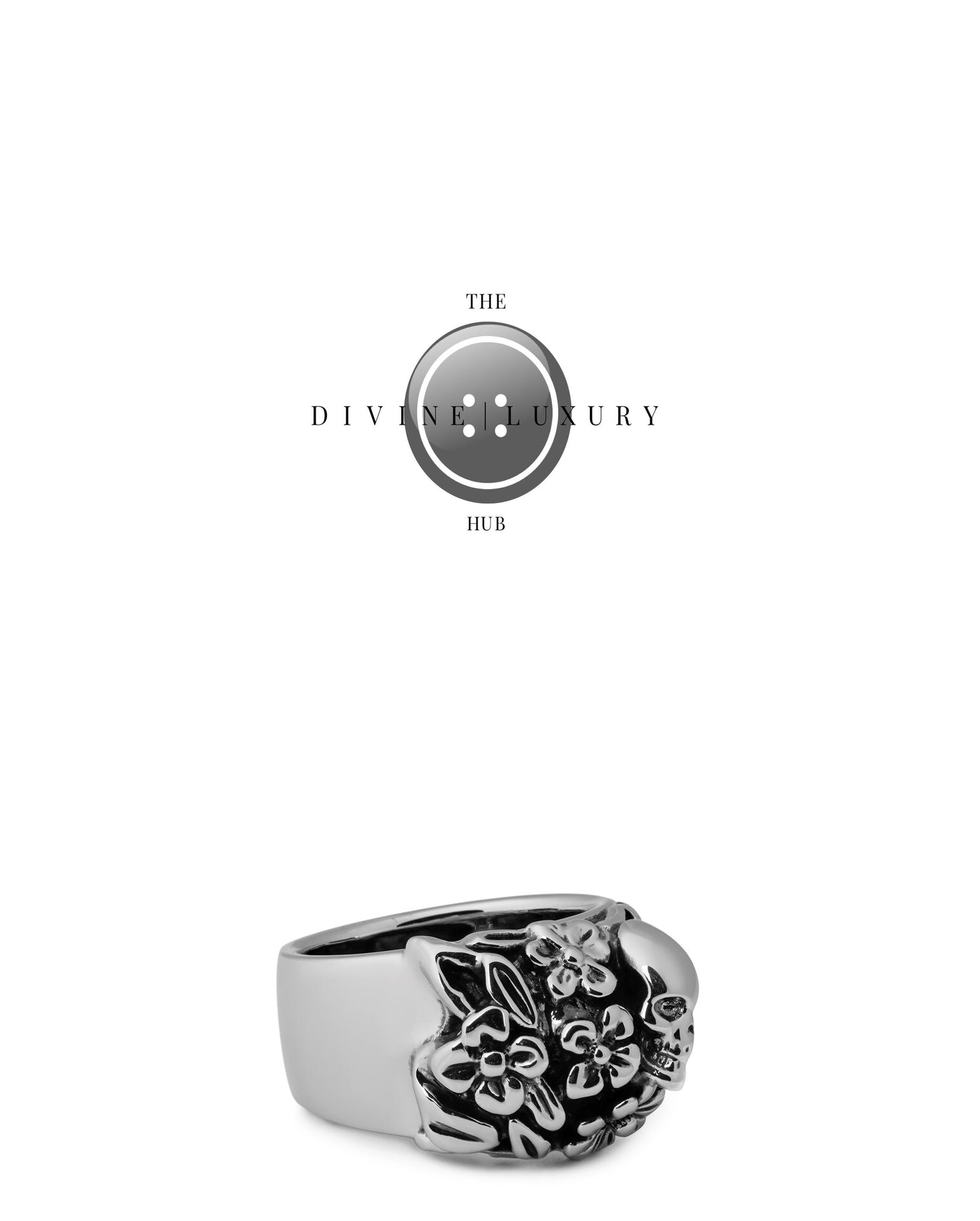 LUXURY HUB ALEXANDER MCQUEEN FLORAL SKULL RING IN ANTIQUE SILVER